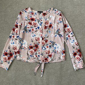 Sanctuary Shirt Womens Medium Light Pink Floral Lightweight Tie Waist Blouse